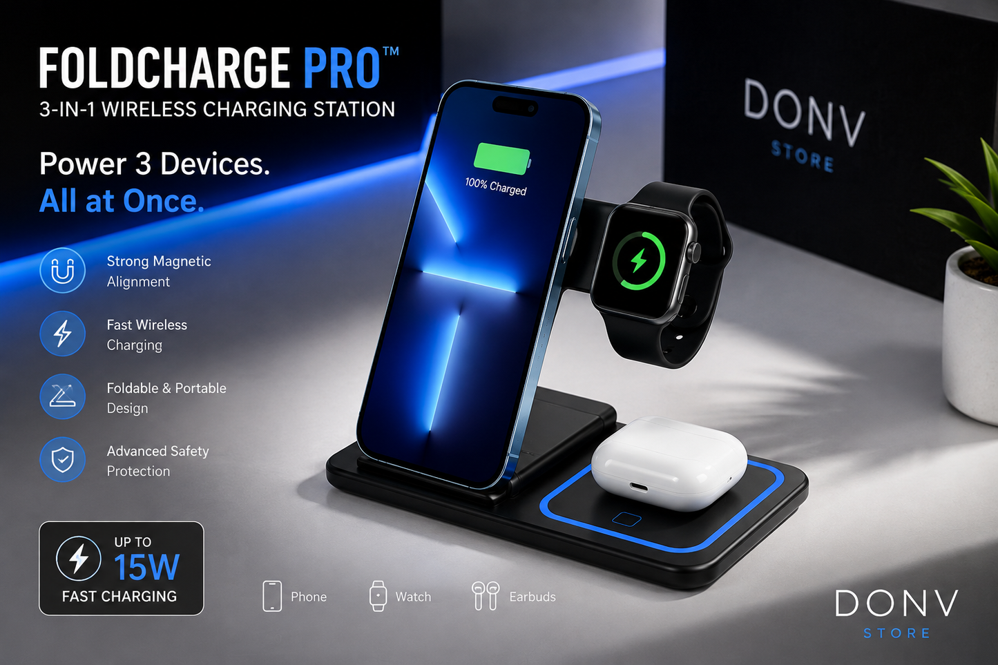 FoldCharge Pro™ | 3-in-1 Magnetic Wireless Charger