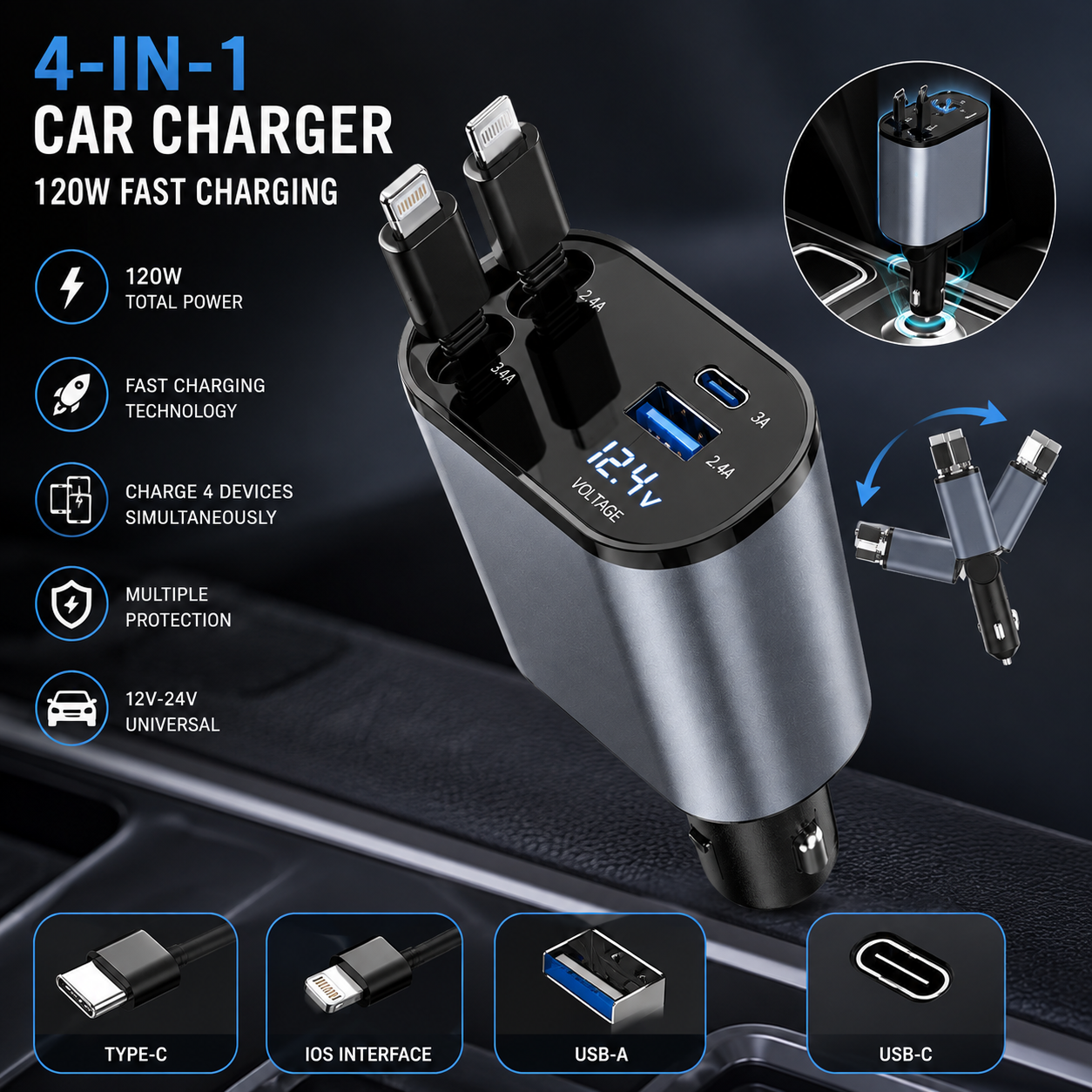 120W 4-in-1 Retractable Car Charger – Fast USB & USB-C Charging with LED Voltage Display