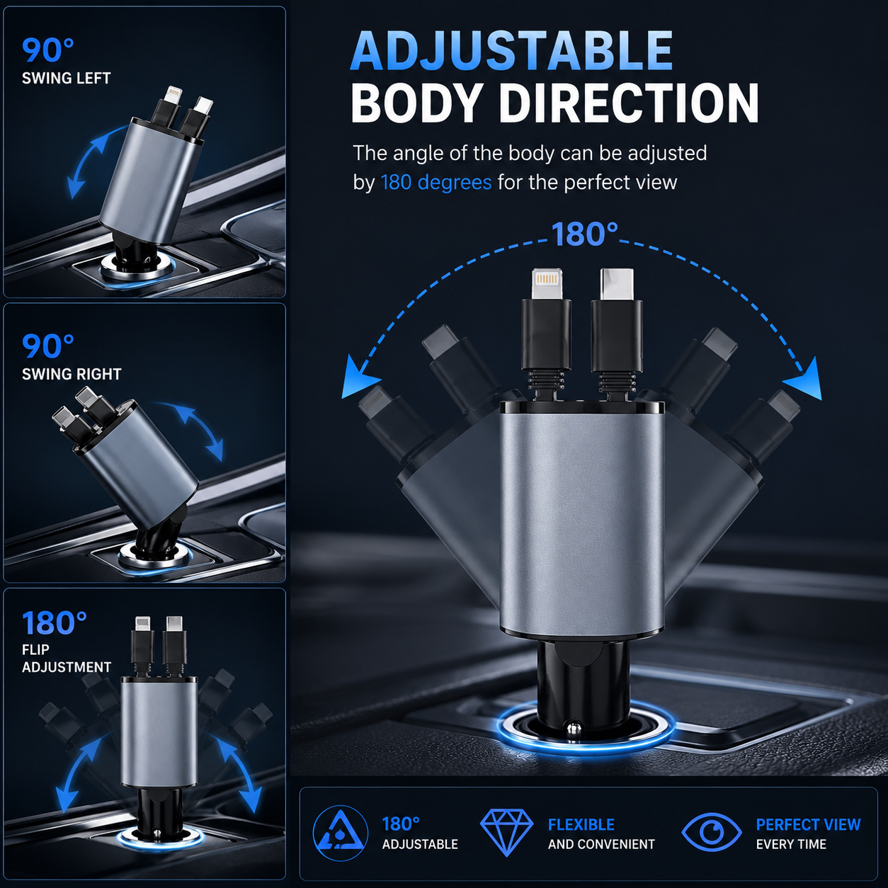 120W 4-in-1 Retractable Car Charger – Fast USB & USB-C Charging with LED Voltage Display
