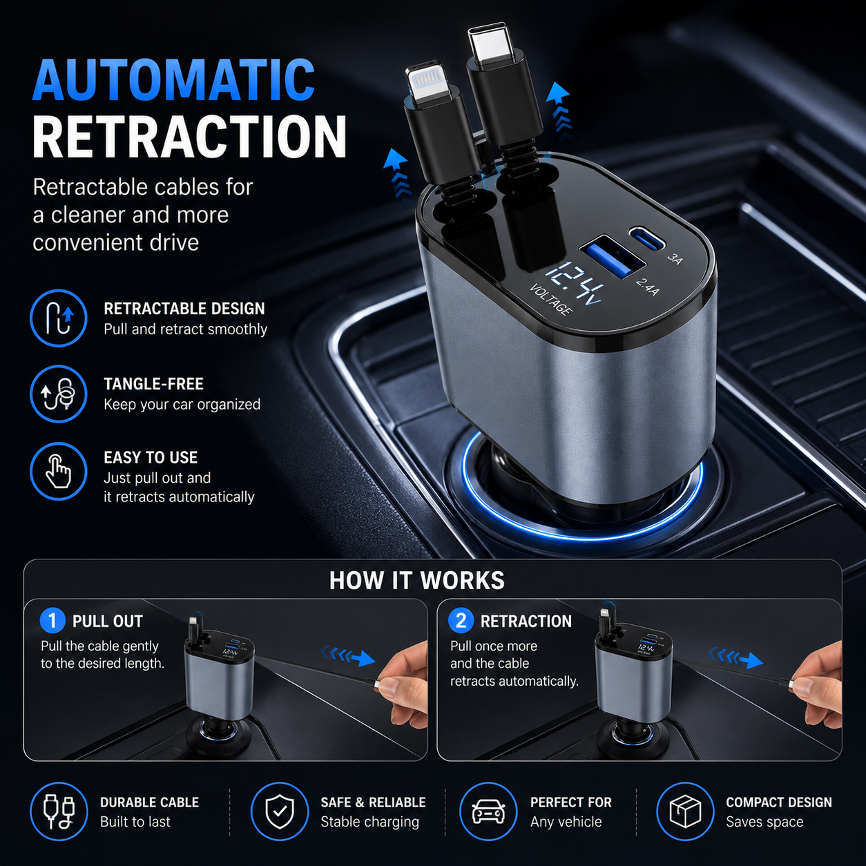 120W 4-in-1 Retractable Car Charger – Fast USB & USB-C Charging with LED Voltage Display